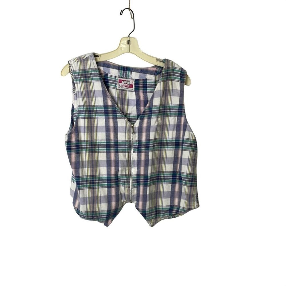 Pink On Pink Womens Multicolor Plaid Sleeveless V Neck Full Zip Vest Size Large